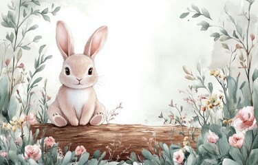 Watercolor Baby Shower Invitation Cute Bunny Floral Elements Woodland Illustration