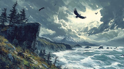 Obraz premium A windy cliffside with eagles soaring overhead