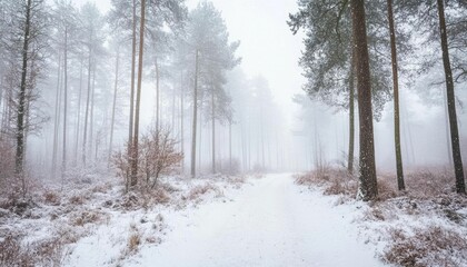 A snowy forest path shrouded in fog, creating a serene winter atmosphere.