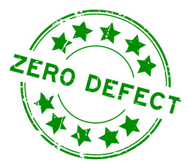 Grunge green zero defect word with star icon round rubber seal stamp on white background