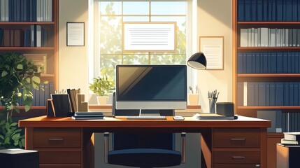 Sunlit home office with desk, computer, bookshelves, and plants. (1)