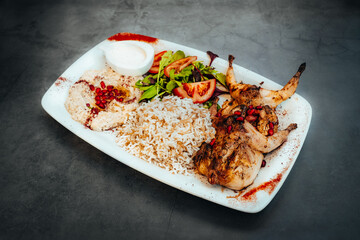 Grilled Quail with Rice, Hummus, and Fresh Salad on a Gourmet Plate