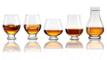 Set of glass of whiskey or whisky or american Kentucky bourbon with its reflection on the plane. isolated on white