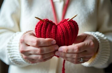 Close-up of a woman's hands holding a knitted red heart.