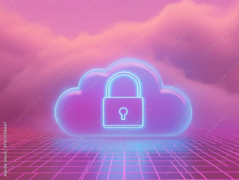 Poster secure cloud concept with lock icon in translucent cloud over digital grid in neon colors