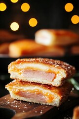 Delicious Pastry Filled with Fruit Jam and Sugar on Wooden Board, Perfectly Baked and Standing Out Against Blurred Background of Golden Bokeh Lights