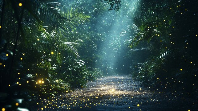 A tropical rainforest at dusk, with fireflies lighting up the darkness - Powered by Adobe