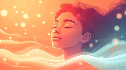 Serene woman with flowing hair, eyes closed, surrounded by soft light and waves.