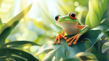 Naklejka premium Red-eyed tree frog perched on a lush green leaf in a vibrant rainforest.