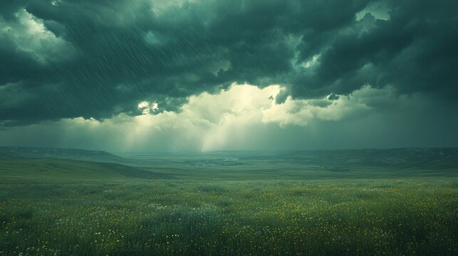 A dramatic thunderstorm rolling over a grassy plain