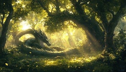 Obraz premium A mystical dragon rests in a sunlit forest, surrounded by lush greenery.
