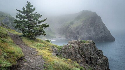 Naklejka premium A dense fog rolling over a rocky coastline