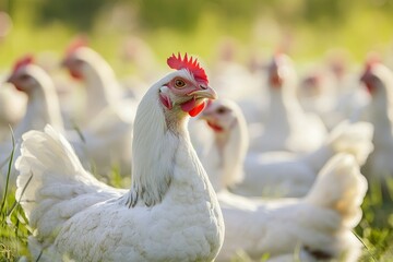White hen amongst flock, grassy background.