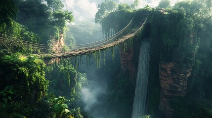 Fototapeta premium A lush jungle with a rope bridge spanning a deep chasm