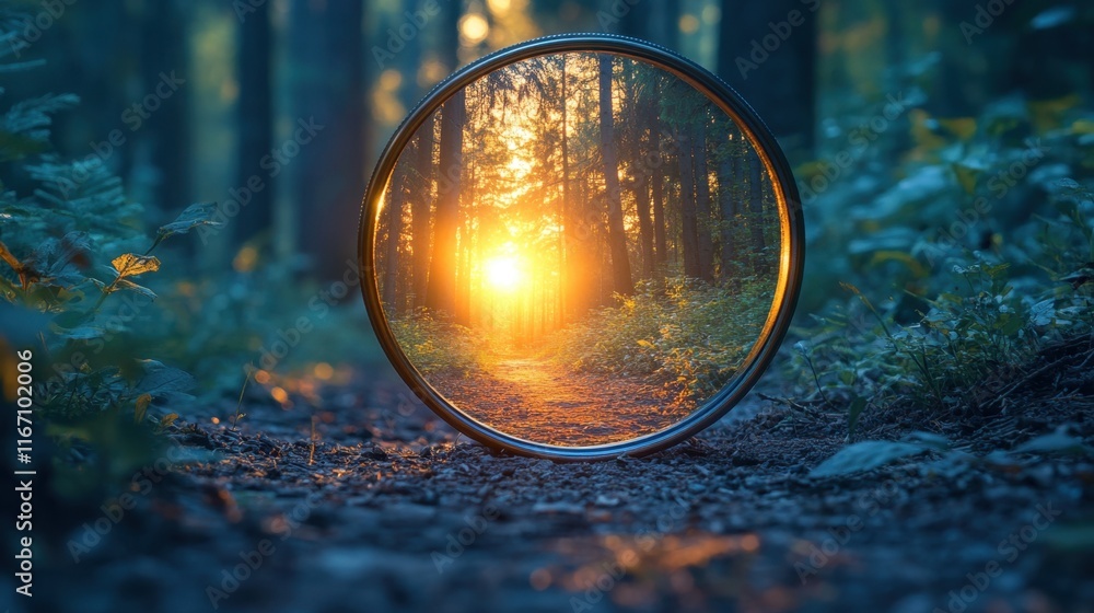 Poster sunset glow captured within a circular frame amidst a serene forest path in the fading light of even