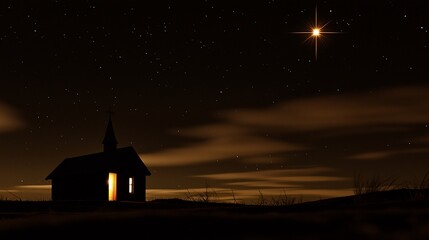 Lone church glowing at night under starry sky.