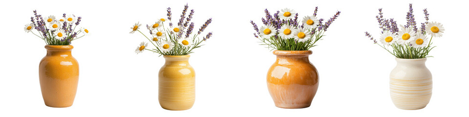 Assortment of Floral Bouquets Arranged in Ceramic Vases Showcasing Lavender Daisies and Chamomile Flowers