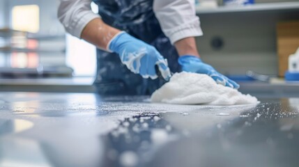Janitor polishing a white desk in a modern office environment for a clean workspace