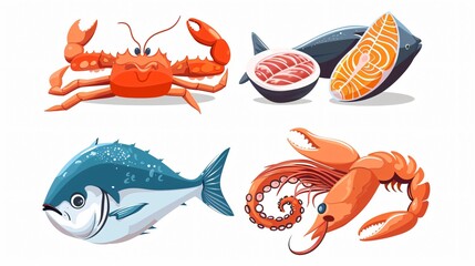 Naklejka premium Seafood Icons Set: Crab and Octopus Seafood Products Symbols Collection