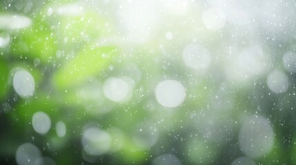 Fototapeta premium Blurred abstract view of rain with green and white bokeh effect, evoking calm and simplicity