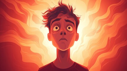 Anxious young man surrounded by fiery orange smoke.