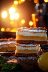 Delicious Lemon Dessert Slices with Creamy Topping Served on Rustic Wooden Board Against a Warm, Glowing Background, Perfect for Food Photography and Culinary Projects