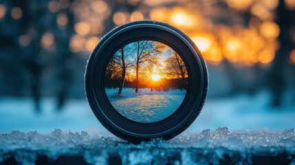 Reflective lens captures sunset glow through wintery landscape in serene harmony