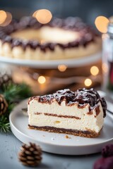 Indulgent Chocolate Cheesecake Slice with Creamy Filling and Festive Decor on a Charming Gray Background