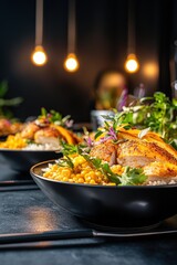 Delicious gourmet meal of seasoned fish served on bed of rice and corn, garnished with fresh herbs and flowers, set in elegant dining environment with warm lighting