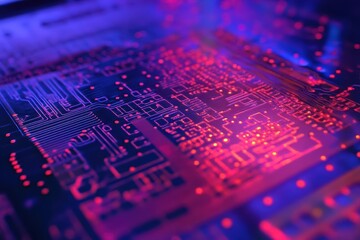 Abstract close-up of a circuit board with vibrant colors and patterns.