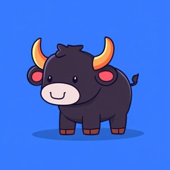 Fototapeta premium Cute Cartoon Bull Character with Bright Horns and Adorable Face on Vibrant Blue Background Perfect for Children's Design and Animal-Themed Projects