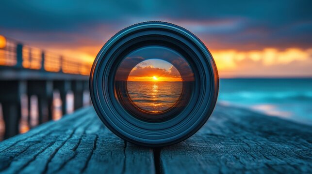 Capturing the beauty of sunset through a camera lens at the serene beach