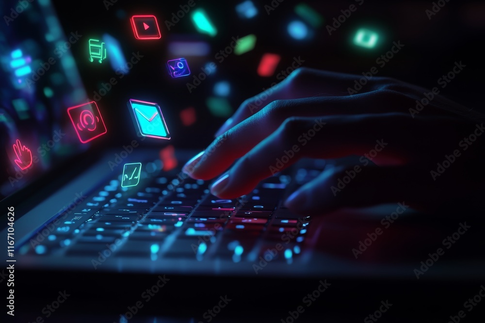Poster futuristic dark workspace with illuminated laptop and colorful floating digital icons above