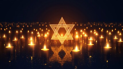 Glowing Star of David above many burning candles.