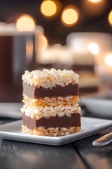 Delicious Layered Dessert with Chocolate and Crispy Rice Topping Surrounded by Soft Bokeh Lights on a Dark Wooden Table Setting for Sweet Treat Lovers