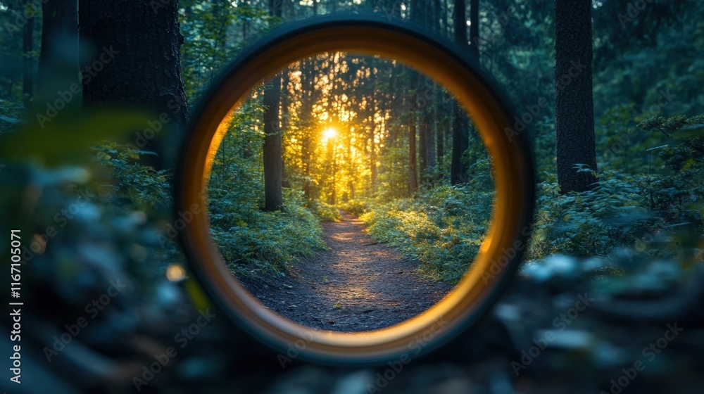 Poster sunlight filters through trees illuminating a forest path framed by a circular lens at dawn