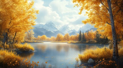 Fototapeta premium A serene lake surrounded by golden autumn trees