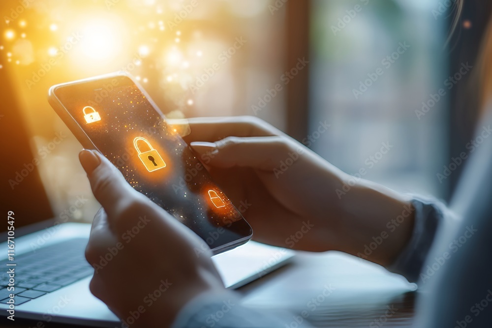 Poster close up of hands entering passcode on smartphone, highlighting security in a professional setting