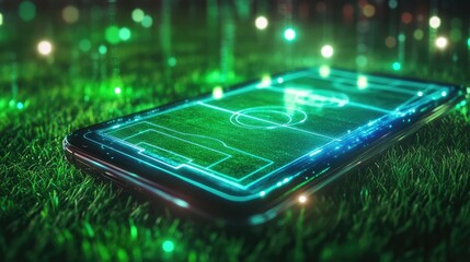 Smartphone on a grass surface with a futuristic digital football field and glowing lights emerging from the screen.