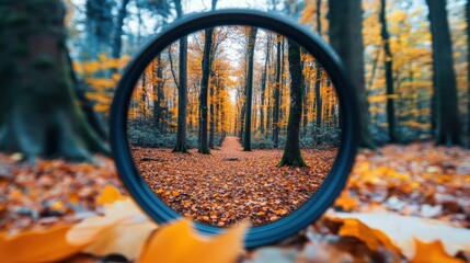 Autumnal forest captured through a circular frame showcasing vibrant leaves and tall trees under soft light