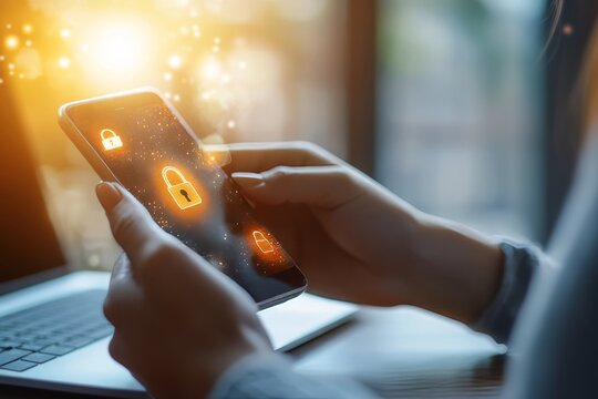 Close up of hands entering passcode on smartphone, highlighting security in a professional setting - Powered by Adobe