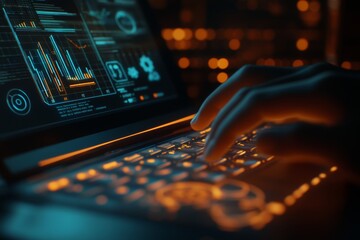 Futuristic laptop keyboard close up with holographic data visualizations and warm lighting effects
