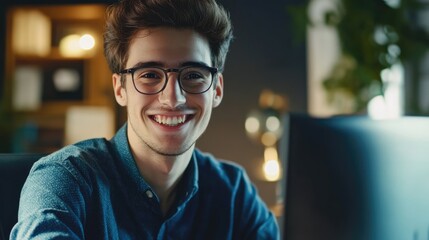 Obraz premium Smiling young business man having video call in office.