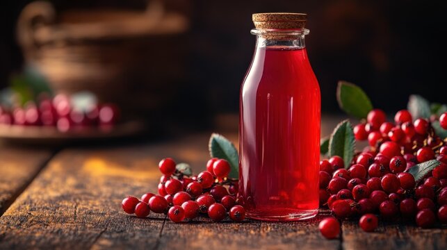 Vibrant red berry elixir surrounded by fresh berries on a rustic wooden table in a cozy kitchen setting