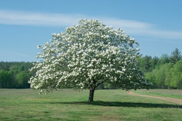 A photograph of an apple tree in full bloom, standing alone on the edge of a green, grassy field with a dirt road leading to it. The blue sky above, with trees and a forest in the background, captured
