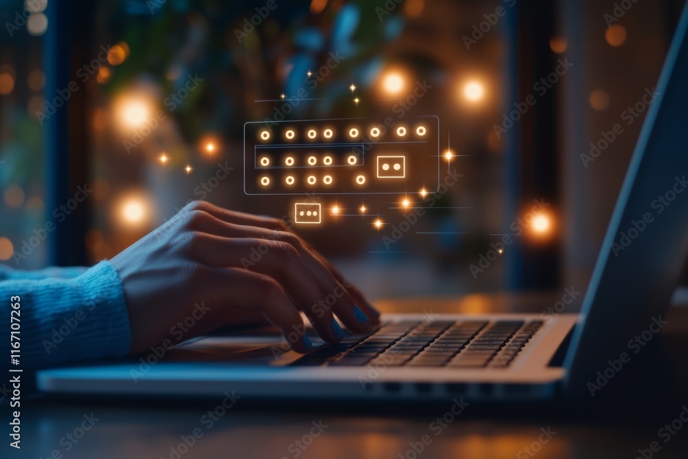 Poster close up of hands typing on a laptop with password fields in a bright, modern workspace