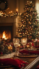 Cozy holiday scene with fireplace christmas tree and festive table