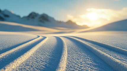 Fototapeta premium Groomed ski tracks in winter mountains with skiers and blue sky