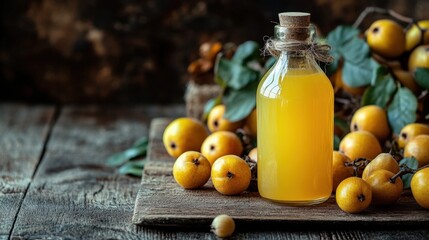 Golden fruit elixir captured in a rustic setting with fresh fruit around it