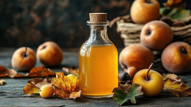 Golden elixir captured in autumn's embrace with fresh harvest and vibrant leaves on rustic wooden table